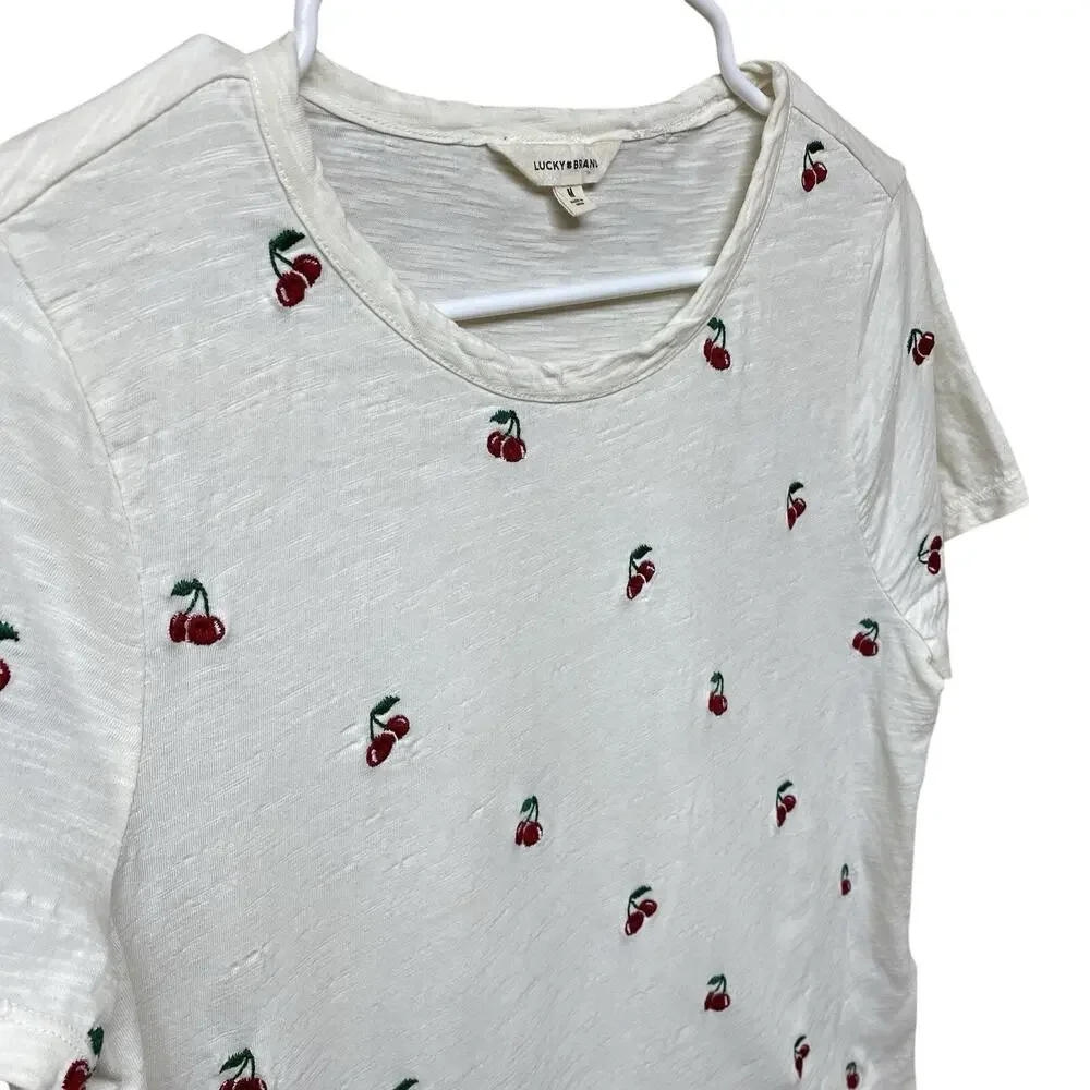 Lucky Brand Cream Cherry Embroidered T-Shirt Women's Size M EUC Cottagecore - Picture 2 of 3